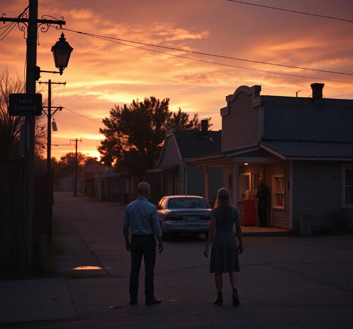 An old lady and man standing on road