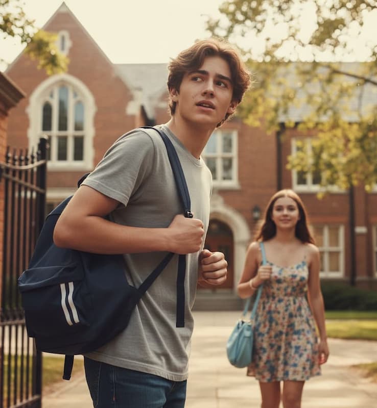 A girl is waliking toward a boy