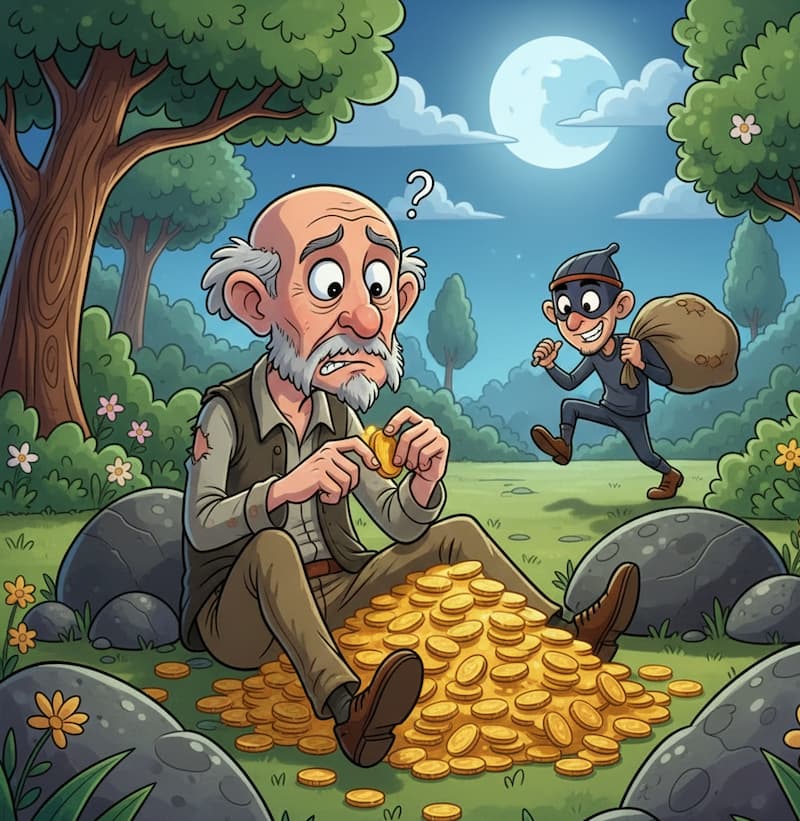 An old man crying for his gold