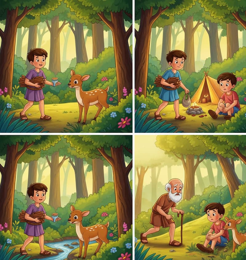 A kid helping old man and deer