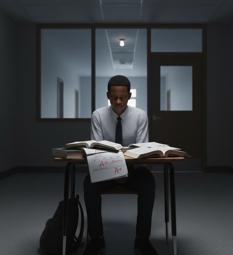 A boy is sitting alone in a room