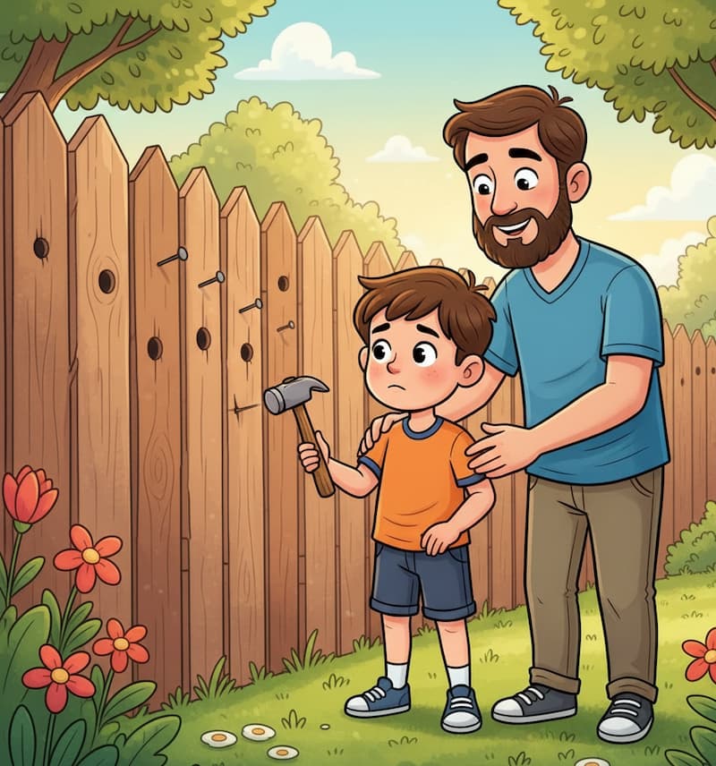 Father teaching son over a wooden fence