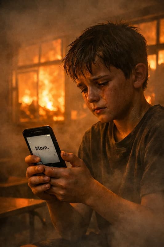 A little boy calling his mom