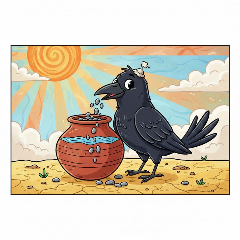 A thirsty crow throwing stones in water