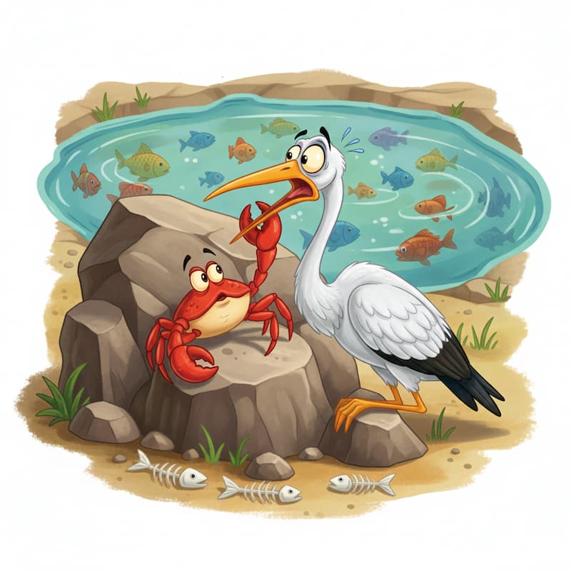 Stork and baby animal near a pond