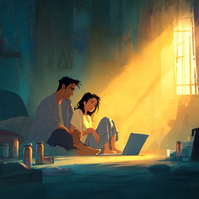 a young couple watching something on laptop