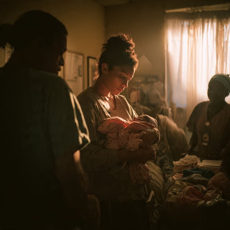 a young girl is looking at a new born baby