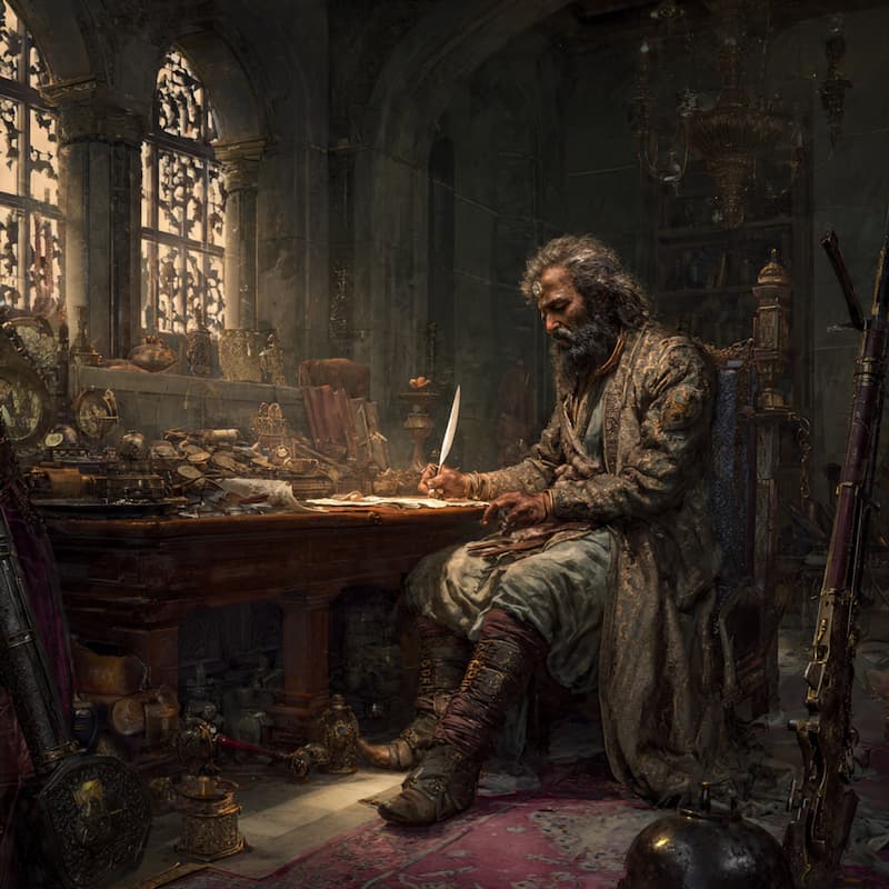 An old king is writting something