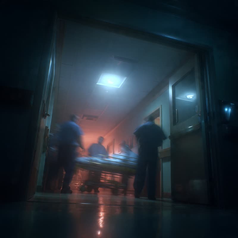 A tense hospital hallway at night