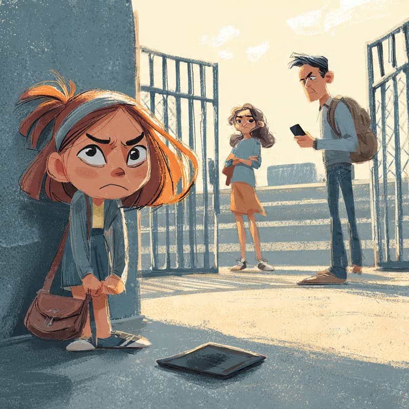 A little girl is standing behind the wall