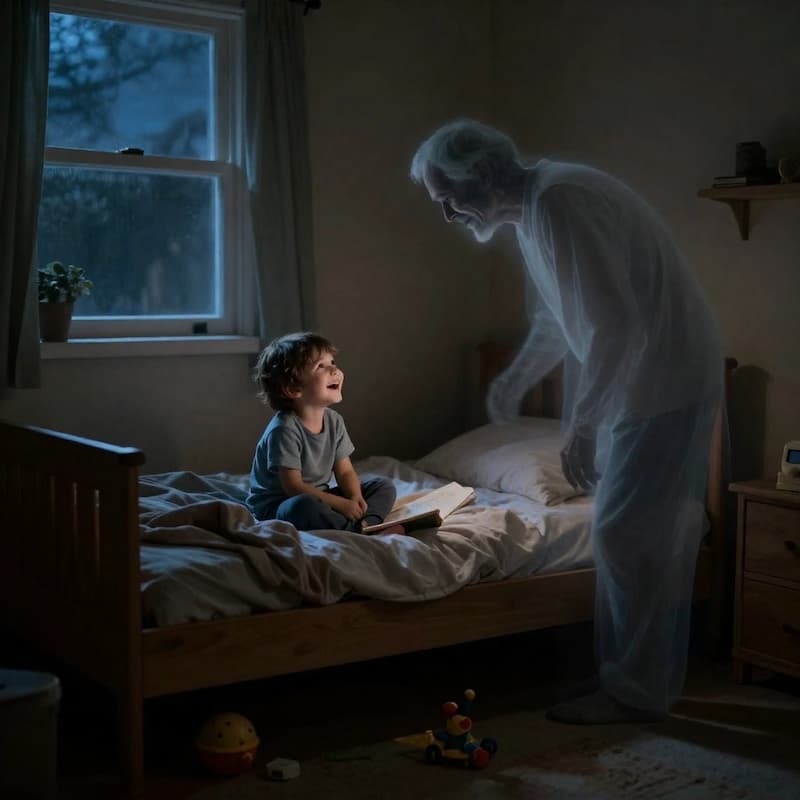 a kid is smiling while sitting on bed