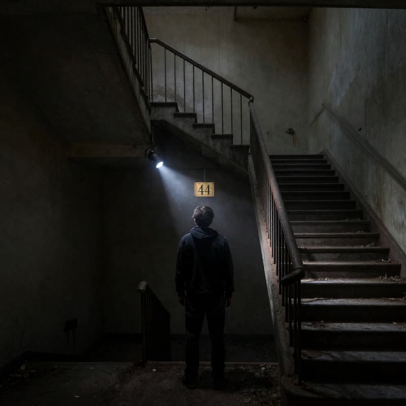 A man is standing in front of stairs