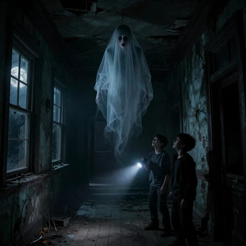 two kids looking at ghost flying in air