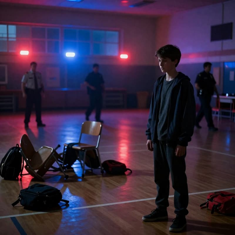 "a boy is standing between police and he is looking sad his bag is on the floor"
