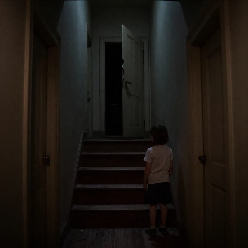 A boy is standing in front of stairs