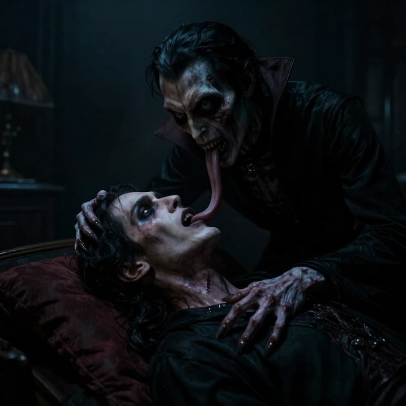 a vampire is licking a man