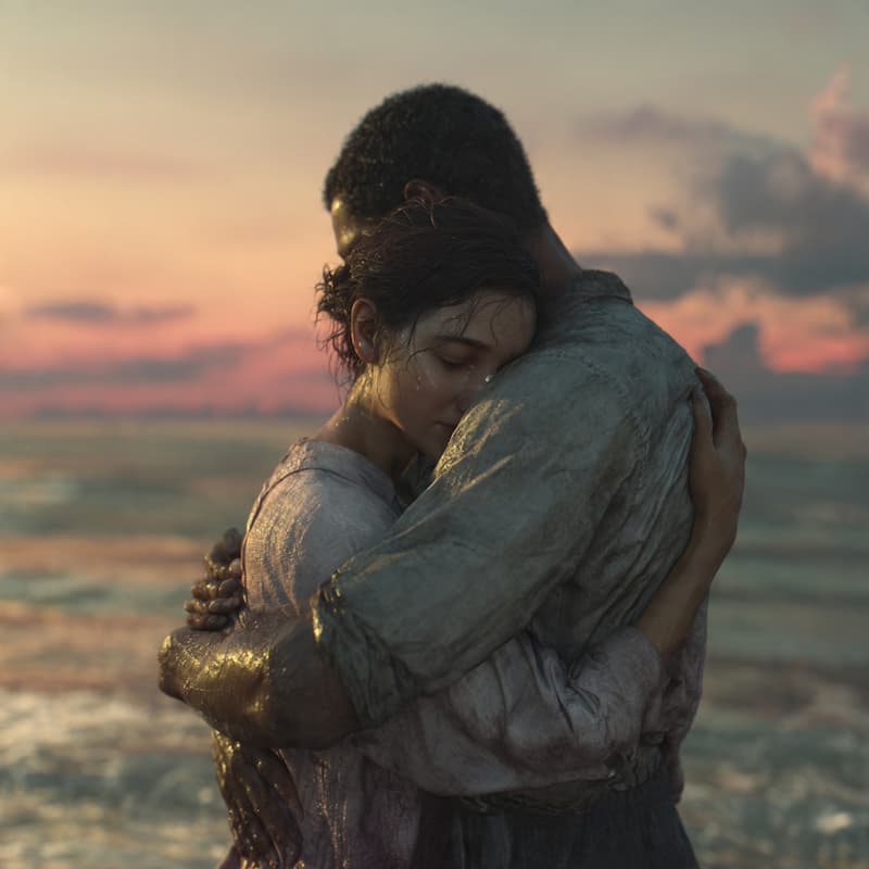 a couple huging each other on the beach