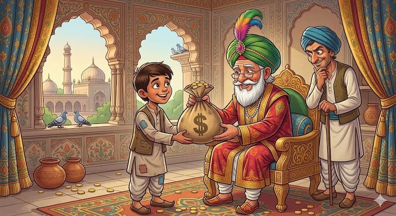 A young man giving a bag of gold to old man.