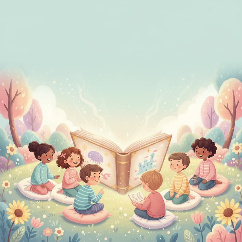 Kids are sitting in jungle pointing toward the book