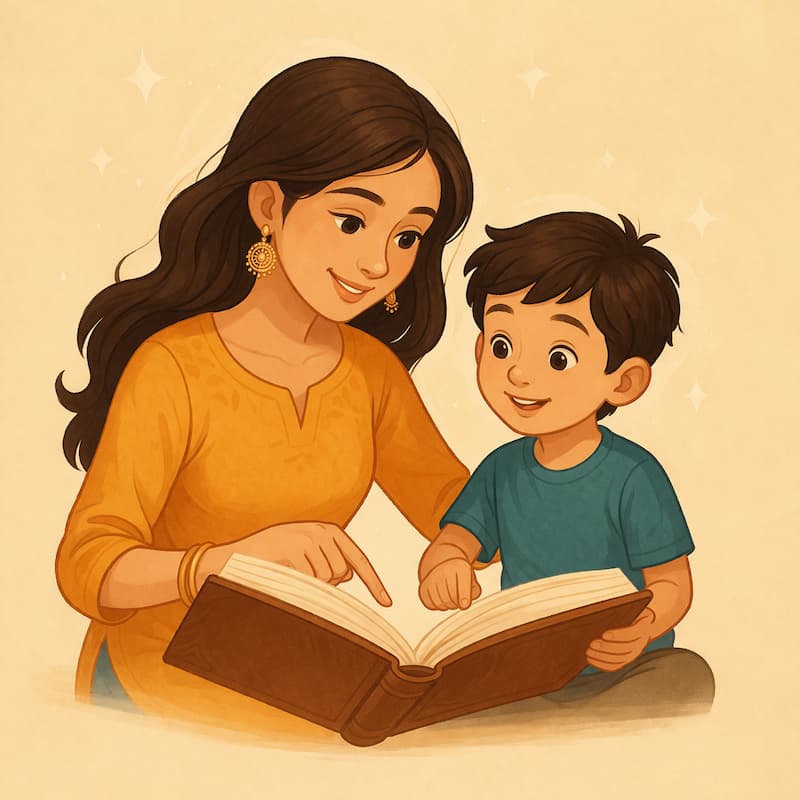 mother telling his son a story.